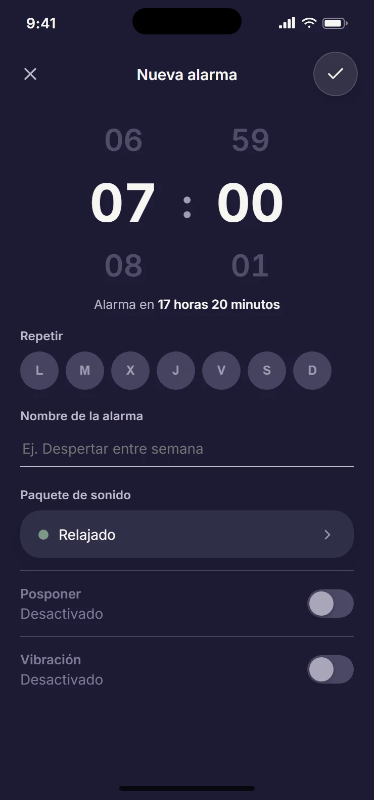 Alarm form in dark mode