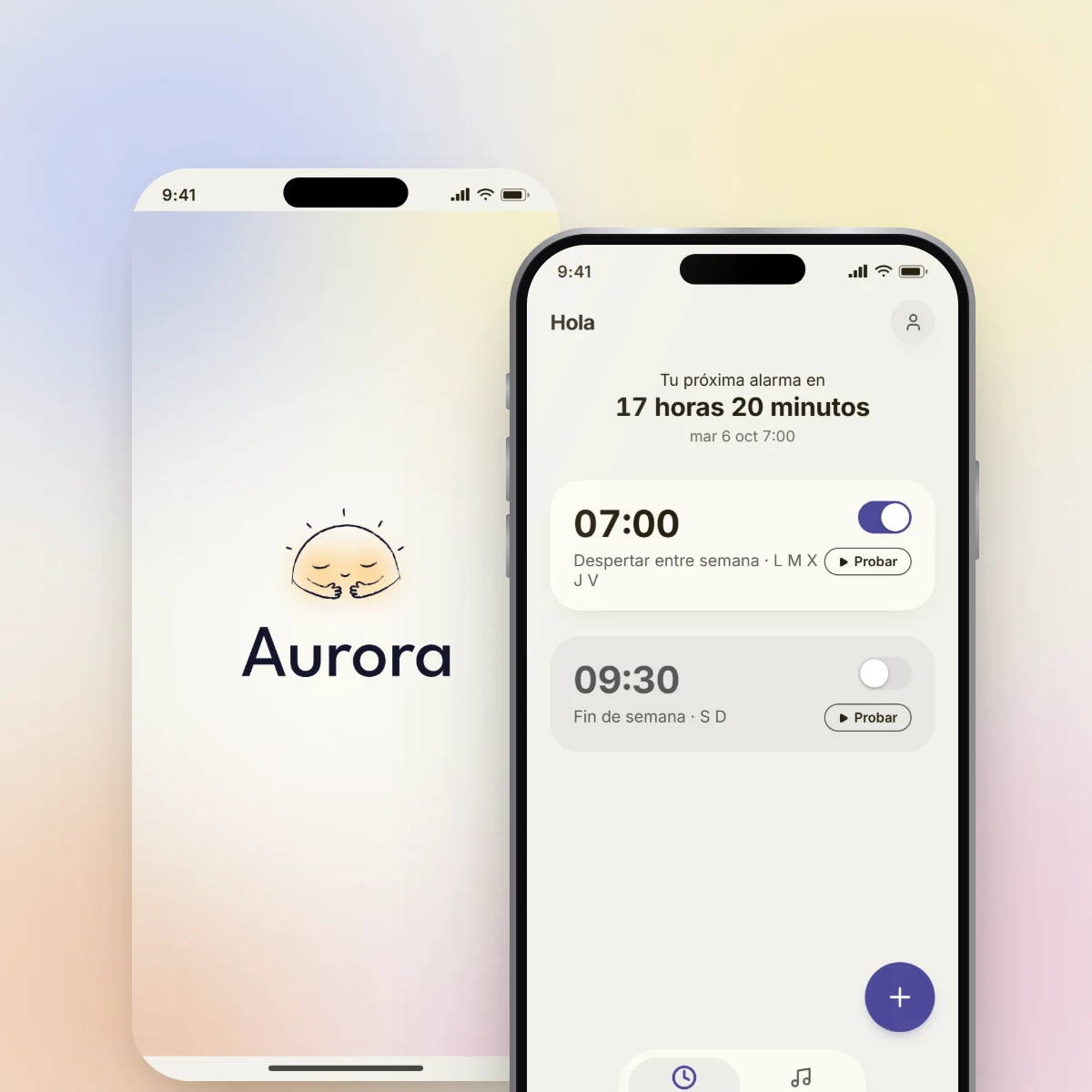 Two Aurora screens: the splash screen with the sun and the alarm list