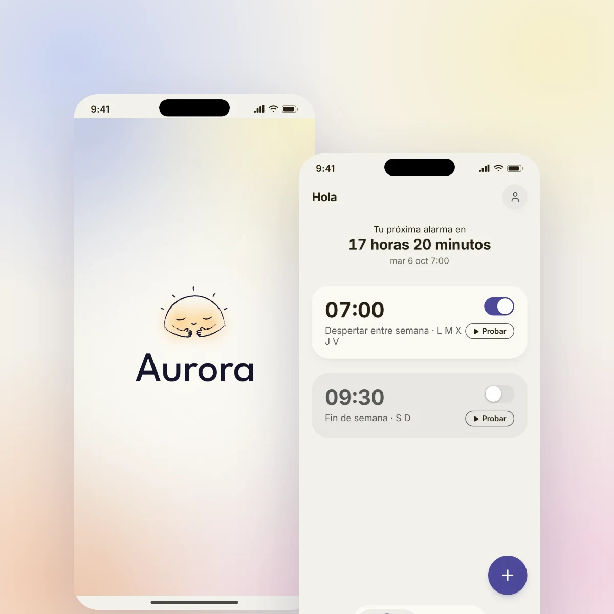 Dos pantallas de Aurora: la pantalla de carga con el sol y la lista de alarmas