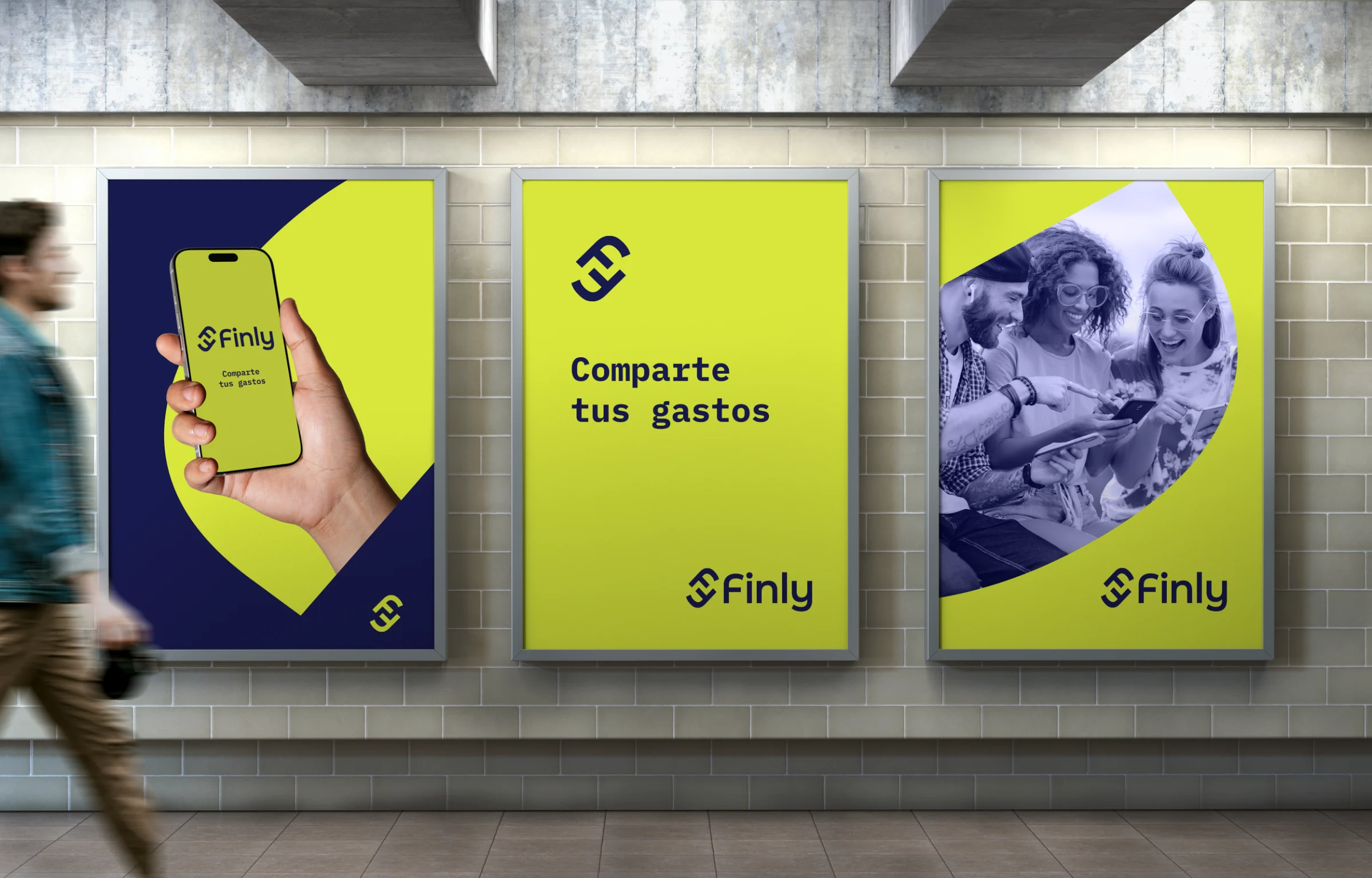 Three Finly campaign posters in a subway station
