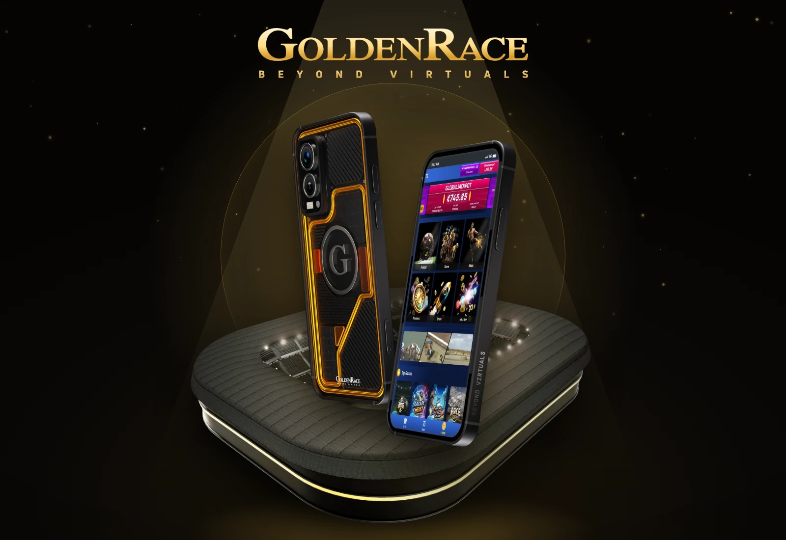 Golden Race visuals: a golden globe, a stadium and two phones with the betting app