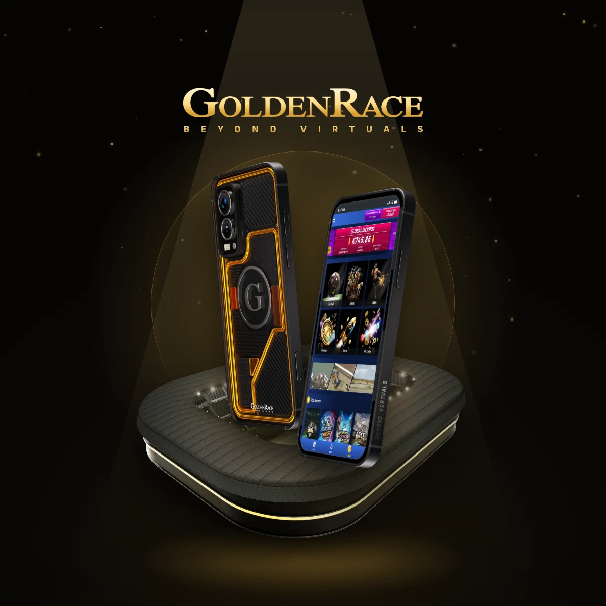Golden Race visuals: a golden globe, a stadium and two phones with the betting app